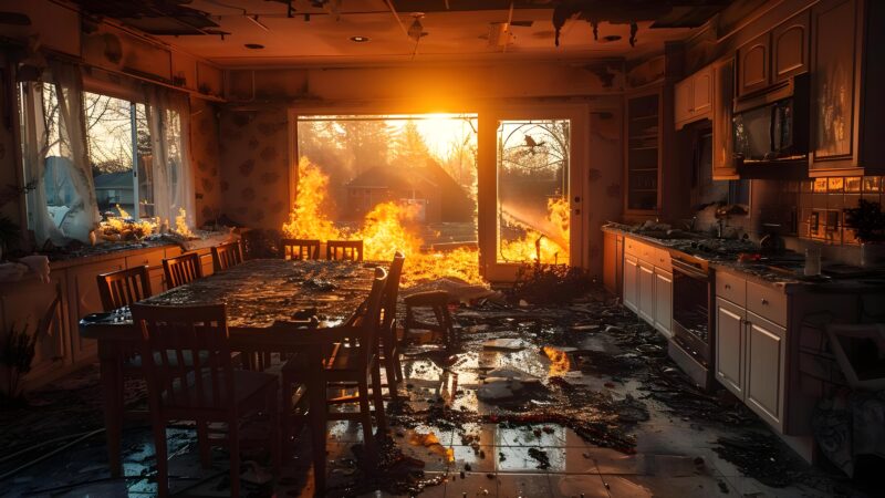 The Chaotic and Destructive Scene of a Burning Home Kitchen Concept Emergency Response Fire Safety Home Destruction Kitchen Hazards Property Damage