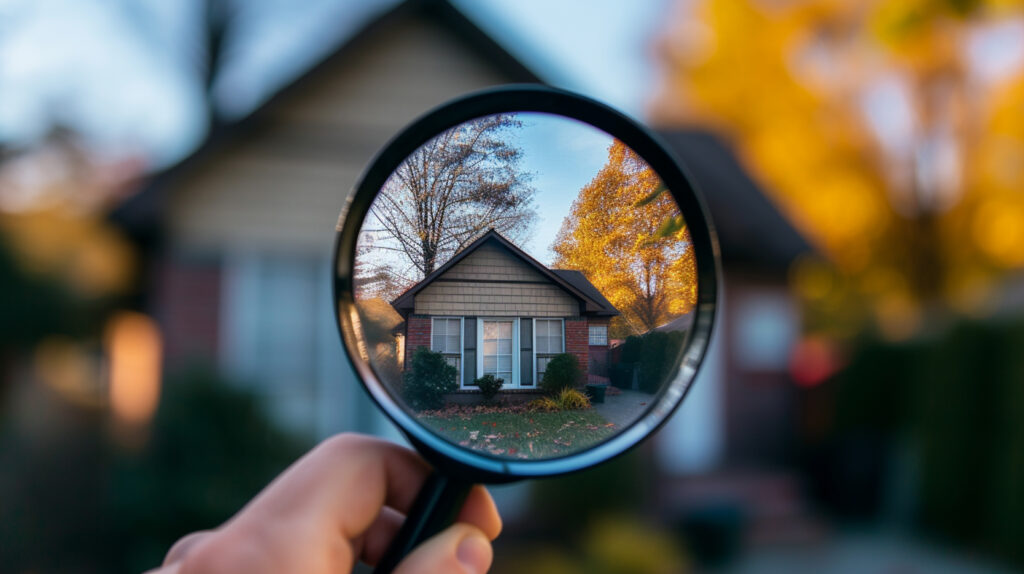 closeup of a persons hand on the left holding a magnifying glass In this magnifying glass the view of a house