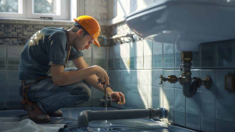 Plumber fixing a leaky pipe in a home